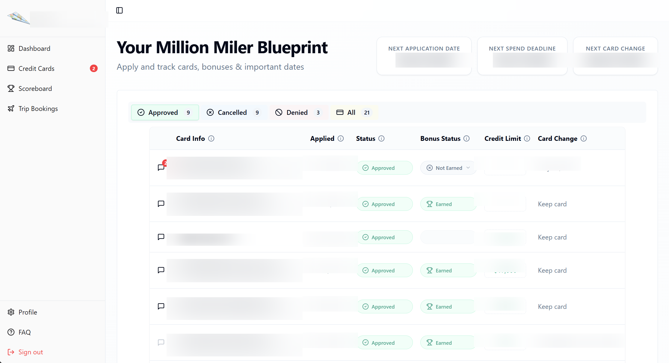 MileMethod client portal — card application blueprint (card names and dates anonymized)